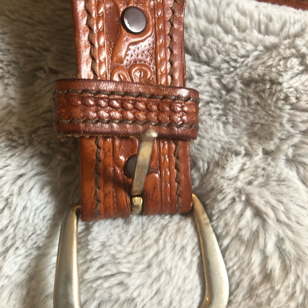 Men's Brown Leather tooled Belt with Brass Buckle